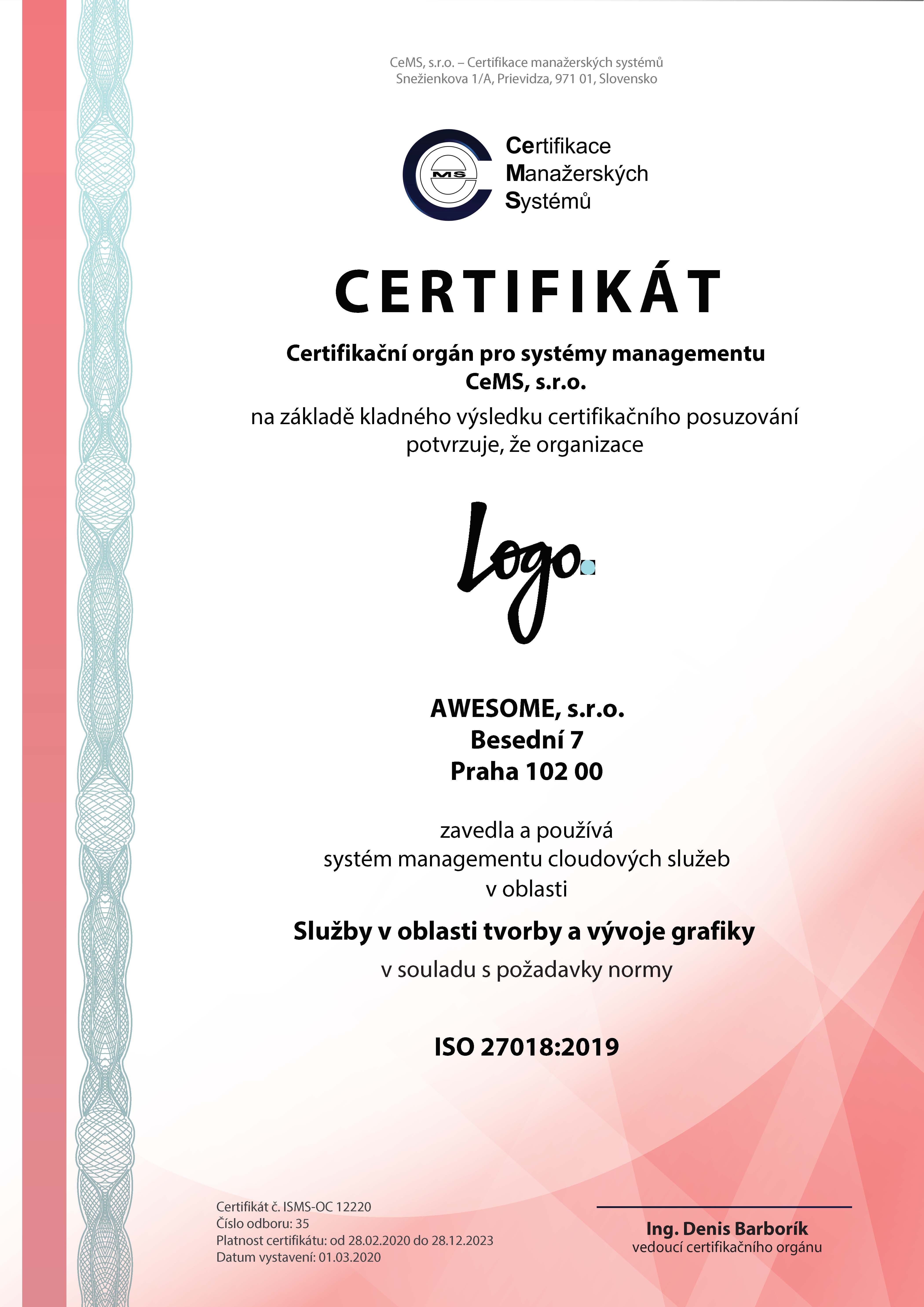 vzor certifikátu ISO 27018 od CeMS